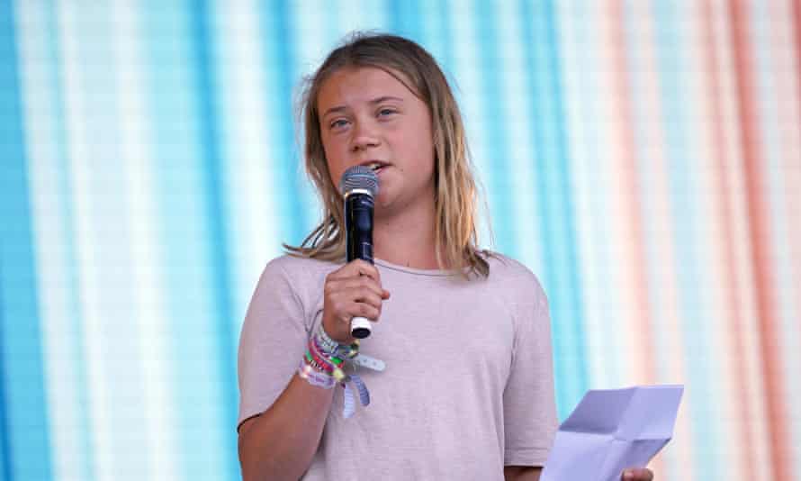 Greta Thunberg speaking on the Pyramid stage.