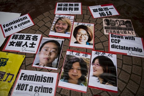 Portraits of Li Tingting (top L), Wei Tingting (top R), (bottom, L-R) Wang Man, Wu Rongrong and Zheng Churan are pictured during a protest calling for their release in Hong Kong April 11, 2015. Chinese police are broadening their investigation into five detained women activists to focus on their campaigns against domestic violence and for more public toilets for women. The women were taken into custody on the weekend of International Women’s Day, March 8, and later detained on suspicion of “picking quarrels and provoking trouble,” their lawyers said.