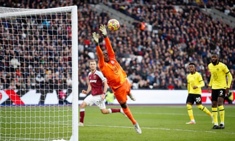 West Ham United's Arthur Masuaku scores their third goal past Chelsea's Edouard Mendy.