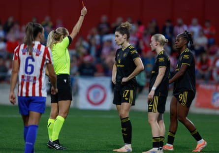 Manchester United’s Dominique Janssen receives a straight red card from referee Eleni Antoniou