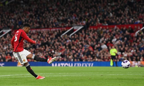 Amad Diallo of Manchester United scores his team's second goal during the Premier League match against Newcastle United.