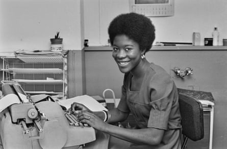Tessa Sanderson at work as a typist in 1973