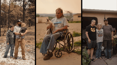 three images side by side, featuring, from left to right, Mahan's family standing on debris; Trujillo holding his dog while sitting in a wheelchair; Brogan, Haver and Haver outside a home