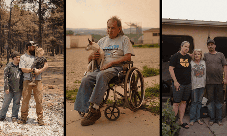 three images side by side, featuring, from left to right, Mahan's family standing on debris; Trujillo holding his dog while sitting in a wheelchair; Brogan, Haver and Haver outside a home