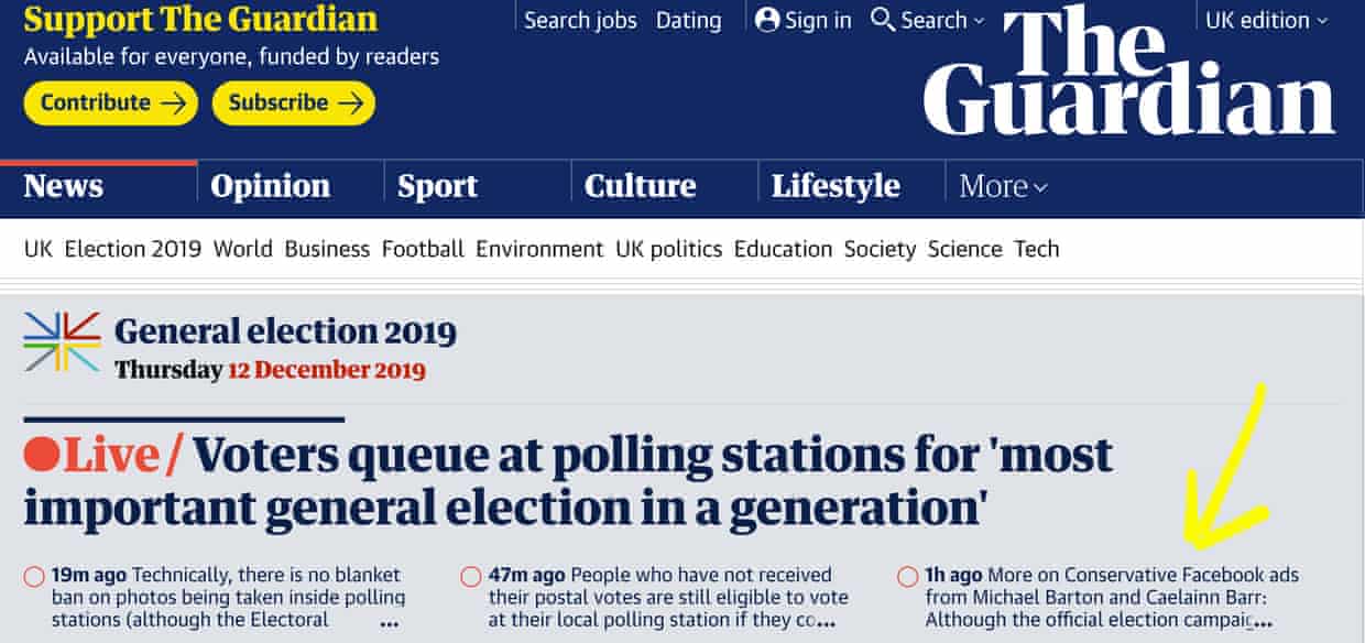Michael Barton and Caelainn Barr’s election ads analysis makes it to the top of the Guardian front page.