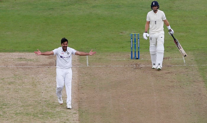 India’s Shardul Thakur celebrates taking the wicket of England’s Joe Root.