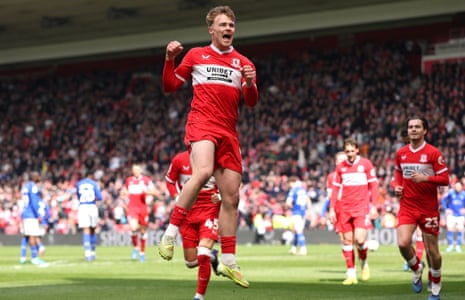 Tommy Conway’s Middlesbrough teammates rush to congratulate him after he’d put his side 4-1 head against Watford from the penalty spot.