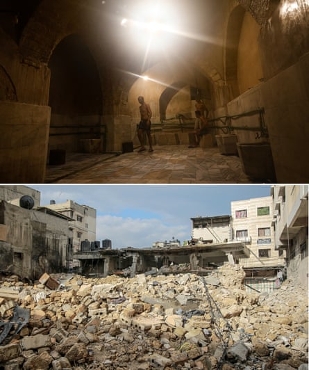 Men relaxing in Hamam al-Samara in 2021 and a view of the destroyed bath house in January 2024.