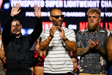 Katie Taylor, Nakisa Bidarian and Jake Paul, from left, look on during a press conference last week in New York.