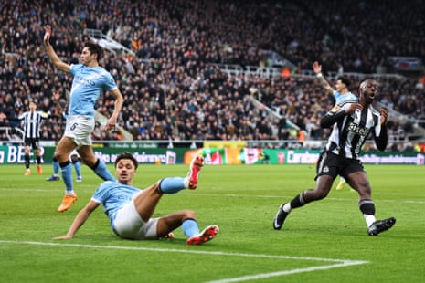 Newcastle’s Yoane Wissa (right) reacts after shooting over the bar during the Carabao Cup semi-final first leg against Manchester City.
