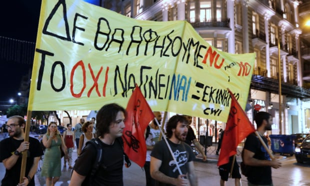 Word on the street: anti-austerity protesters protest new measures as parliament debates the bailout deal on 15 July 2015.