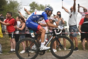 Stage 5 Lille to Arenberg Porte du Hainaut Groupama-FDJ team’s French rider Thibaut Pinot cycles across a cobblestone section of the stage