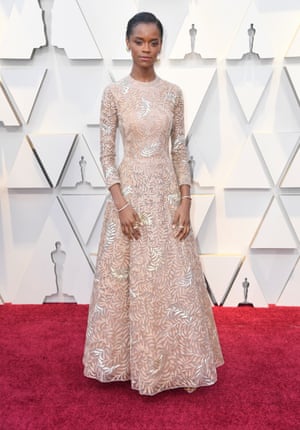 Leticia Wright's costumes in Black Panther were enough to keep fashion people interested – even if they didn't like superhero films. Her Dior Haute Couture Oscars dress is somewhat different – pretty, with a leaf motif, Wright has a kind of gamine elegance, one that still keeps fashion people interested