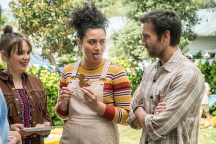 Emily Barclay, Rose Matafeo and Matthew Lewis in the baby shower scene in Baby Done.