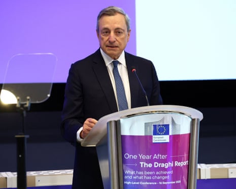 Former ECB chief Mario Draghi delivers a keynote address on the progress made and the transformations that have taken place since the release of Draghi Report on EU competitiveness in 2024, in Brussels.