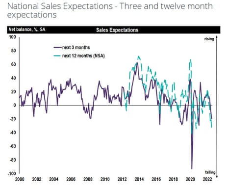 A graph showing surveyors' expectations of house price sales numbers for the year ahead are falling.
