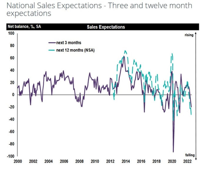 A graph showing surveyors' expectations of house price sales numbers for the year ahead are falling.