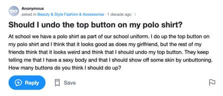 A screengrab from a Yahoo! Answers page asking: Should I undo the top button on my polo shirt?