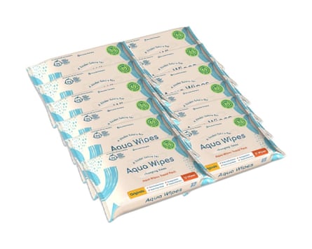 A display of 12 packets of Aqua wipes on a white background.