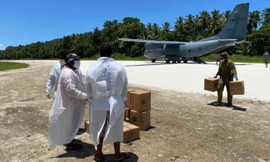 An Australian airforce plane delivers medical stores, including RATs and PPE, to Kirakira, capital of Makira-Ulawa Province to assist with the Covid outbreak in Solomon Islands.