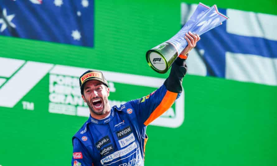 Daniel Ricciardo of Australia and McLaren celebrates his victory in the F1 Grand Prix of Italy.