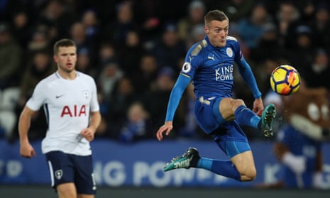 Jamie Vardy scores with a spectacular volley as Tottenham’s Eric Dier watches on.