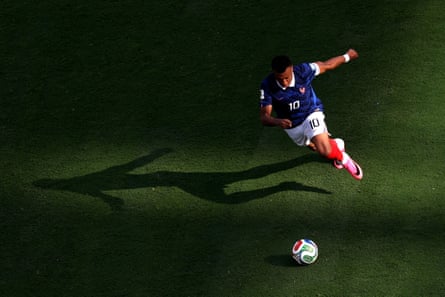 Kylian Mbappé of France dribbles the ball against Sweden at New York New Jersey Stadium.