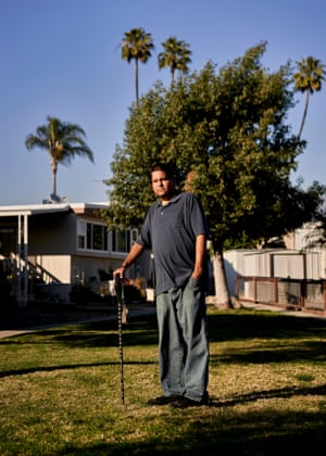 Frank Cedillo, 36, a security officer supervisor with Southwest Patrol, near his home at the Kings Way Gardens mobile home park.