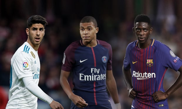 Real Madrid’s Marco Asensio, Kylian Mbappé of Paris Saint Germain and Barcelona’s Ousmane Dembélé.