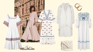 Summer Whites Every holiday wardrobe needs one white dress. Even if showing off a tan is not your aim, there’s something deliciously off-duty about white that signalsdowntime. Look for broderie anglais and seersucker with delicate embroidery details.Wear with white Birkenstocks for day and swap in delicate flat, strappy sandals for night.(L-R) Embroidered £120, boden.co.uk Sandals £195, russellandbromley.com Belle £200, sezane.com Java £300, ba-sh.com Striped £245, birdsong.london Hoops £195, alighieri.com Lia £159 dilligrey.com Bag £36, oliverbonas.com