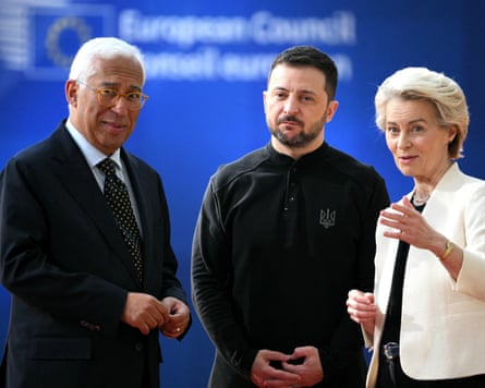 Ukraine’s Volodymyr Zelenskyy with the European Commission president, Ursula von der Leyen, and the European council president, António Costa.