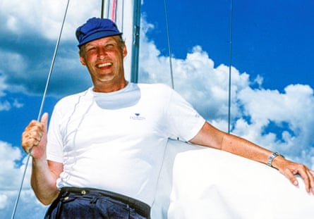King Harald V aboard the Fram XI vessel, as part of the One Ton Cup international sailing contest, Copenhagen, July 1992.