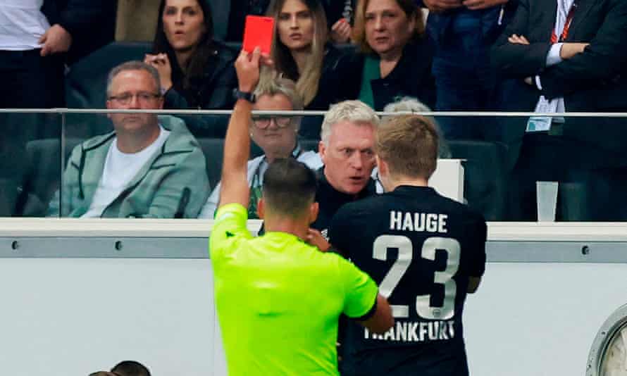 David Moyes is shown a red card during West Ham’s loss to Eintracht Frankfurt.