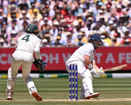 England batter Ben Duckett plays a ramp shot as Australia’s Alex Carey looks on