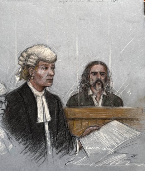 Court artist sketch of Riel Karmy-Jones with Russell Brand seated in the dock.