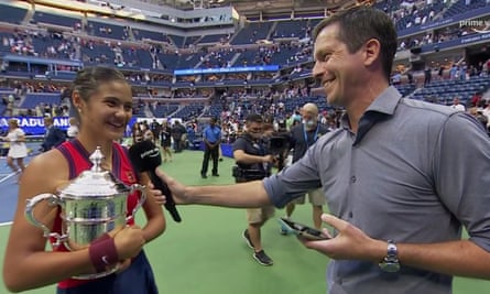 Emma Raducanu is interviewed by Tim Henman aft her US Open last victory