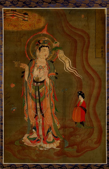 Chinese artist Guiding (Yinlu) Bodhisattva 851 - 900 AD British Museum Hanging scroll of a bodhisattva (Avalokitesvara or Ksitigarbha) leading an elegant lady supported on clouds to the Pure Land, indicated by the Chinese buildings at the top left. He holds a golden censer in his right hand, a white banner in his left. © The Trustees of the British Museum