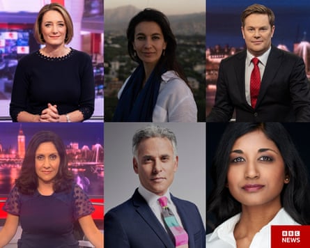 The revamped BBC News team, clockwise from top left: Lucy Hockings, Yalda Hakim, Christian Fraser, Sumi Somaskanda, Matthew Amroliwala and Maryam Moshiri.