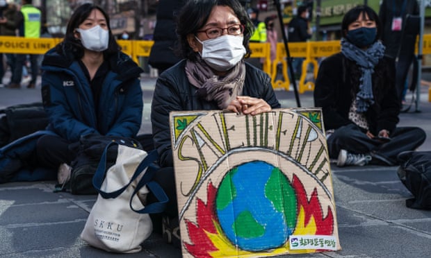 Climate crisis protesters in Seoul, South Korea, on 21 November 2020.