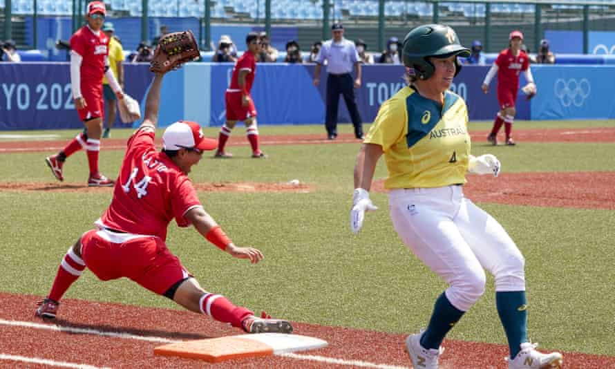 Japan’s Minori Naito, reacts after getting Australia’s Stacey McManus out during the hosts’ 8-1 victory in Fukushima.