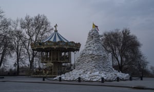The monument of the Duke of Richelieu, is covered with sandbags next to a Carrousel , in Odesa, Ukraine.