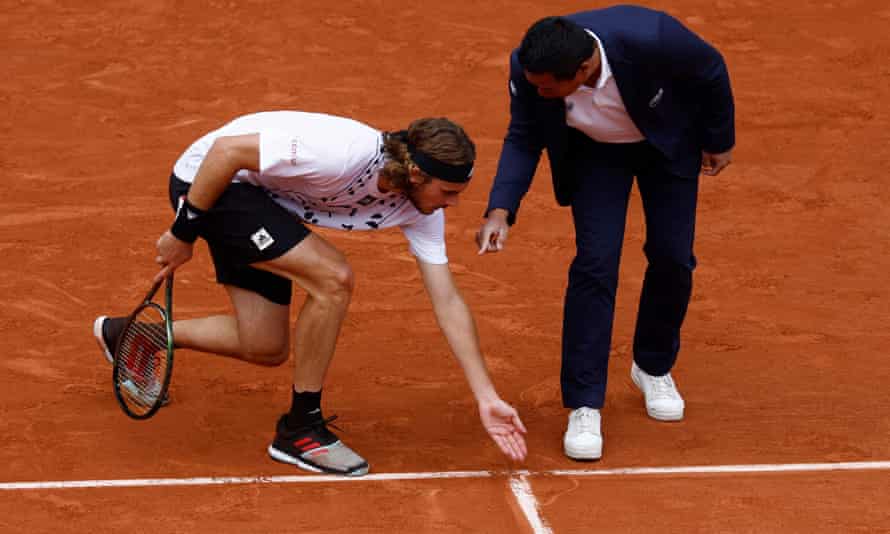 Stefanos Tsitsipas remonstrates with the umpire during the French Open in May.
