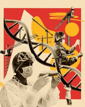 Scientists with DNA strand and cranes in background
