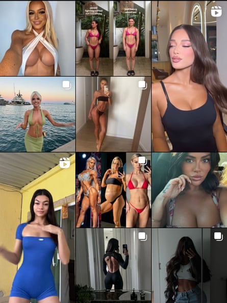 A screenshot of the explore page of a dummy Instagram account set up by Guardian Australia in April featuring numerous women in bikinis or risque poses.