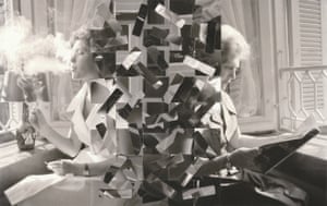 A photo collage showing two women facing in opposite directions separated by dozens of cut out squares and rectangles