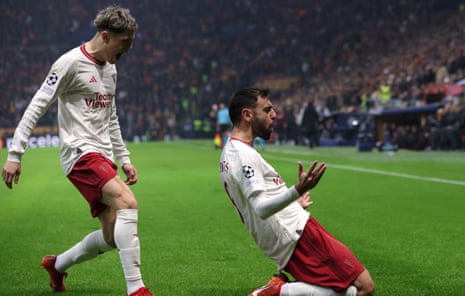Manchester United’s Bruno Fernandes (right) celebrates scoring their second goal with fellow goalscorer Alejandro Garnacho.