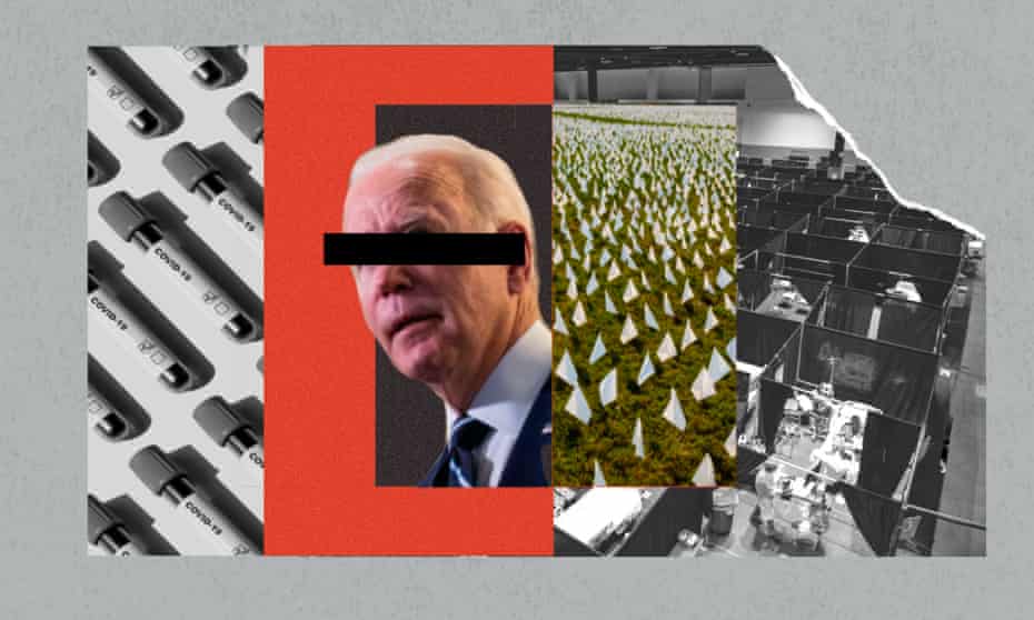 collage shows biden, testing kits, a field full of white flags to represent covid deaths, and healthcare workers treating patients