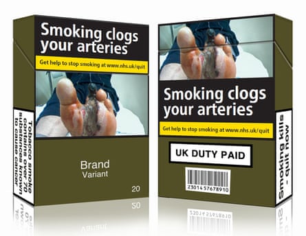 Standardised cigarette packaging.