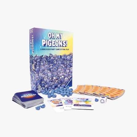 The Oh My Pigeons party game box displayed with its cards, dice and pigeon figurines