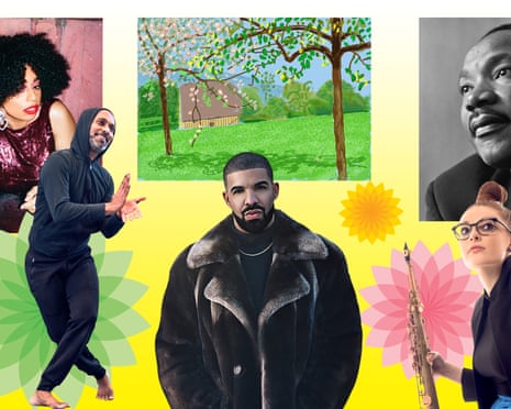 L-r: singer-songwriter Celeste, dancer and choreographer Akram Khan, David Hockney’s No 241, 23rd April 2020, rapper Drake, Martin Luther King and saxophonist Jess Gillam.